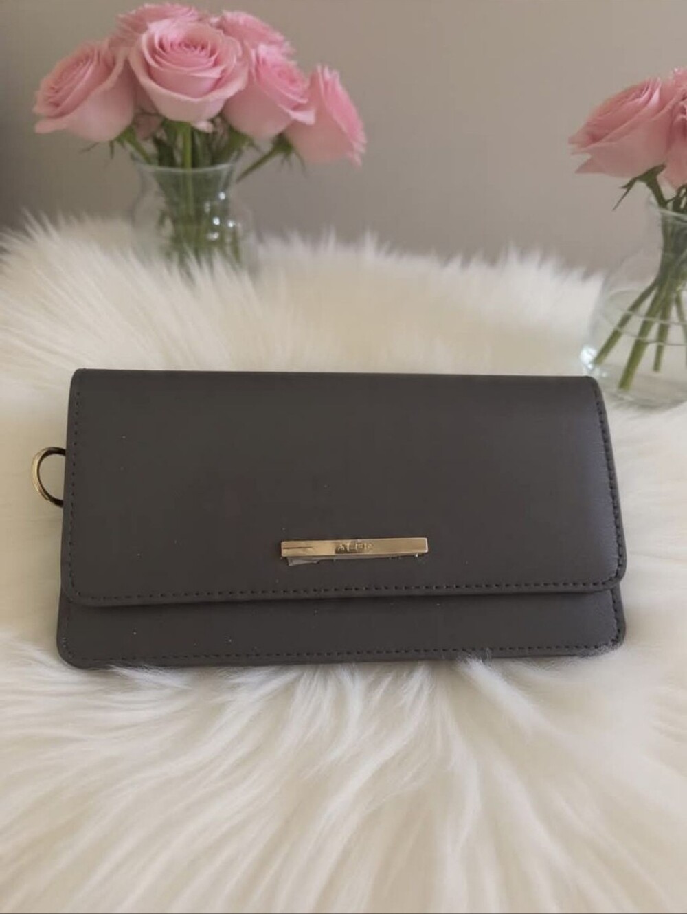 Women's Aldo Black Leather Zip Wallet Clutch - Gold Hardware